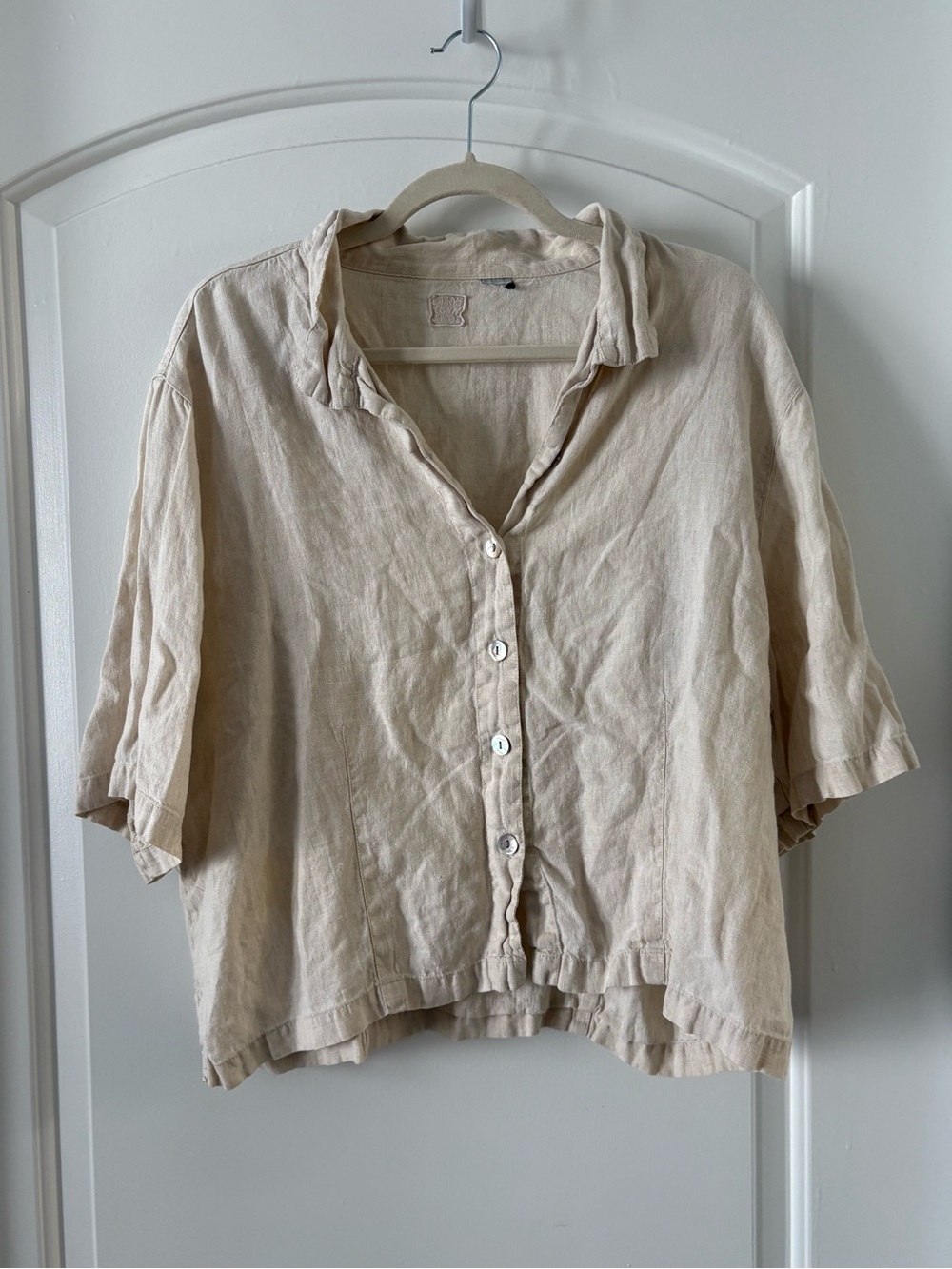Casual Beige Linen Button-Down Shirt for women